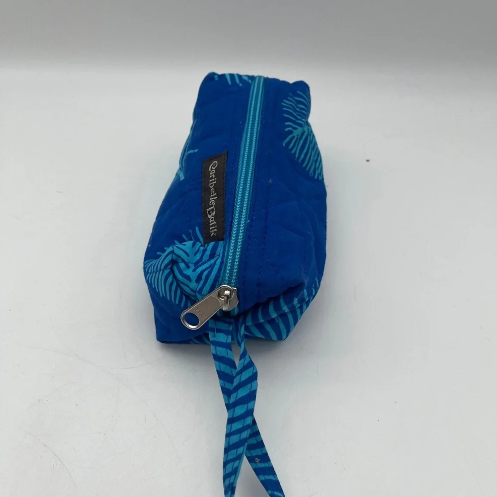 Caribelle Batik Quilted Blue Teal Palm Leaf Makeup Cosmetic Bag Wristlet Pouch